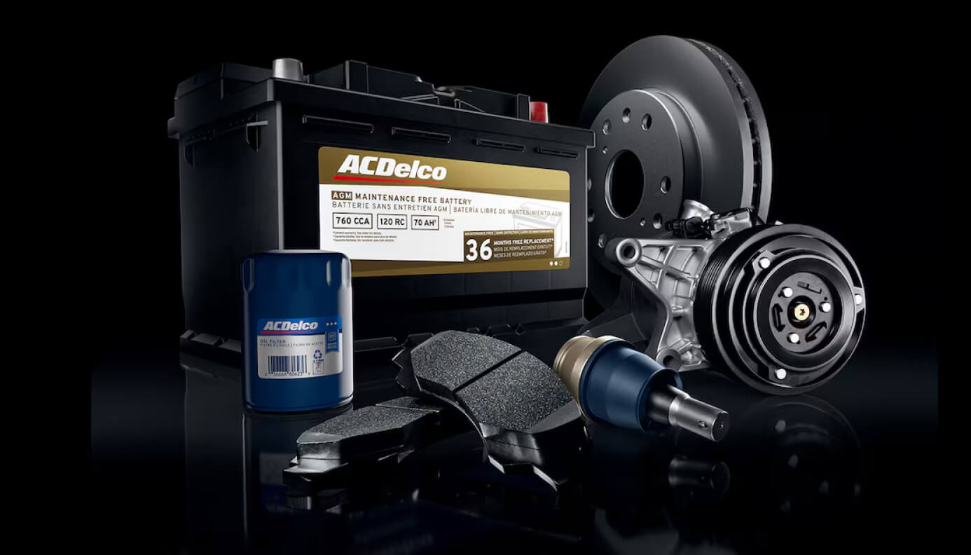 ACDelco premium automotive replacement parts arranged in a clean studio product shot.